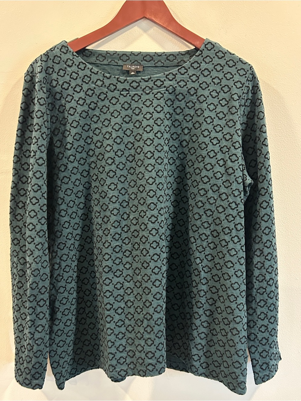Talbots Plus 1X Teal & Black Flocked Long Sleeve Top